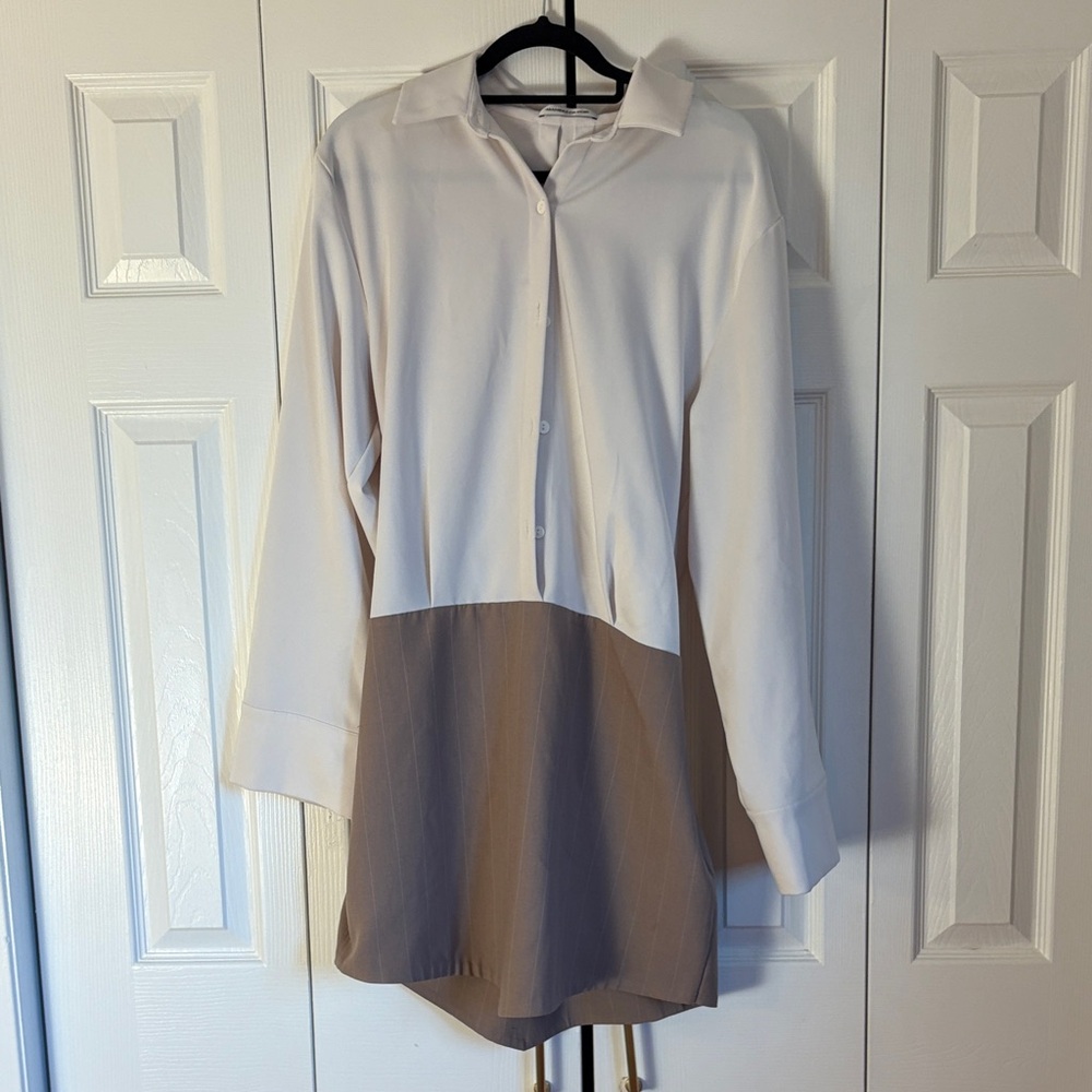 Manière De Voir Two-Tone Shirt Dress Longline Top Neutral White Beige Size L